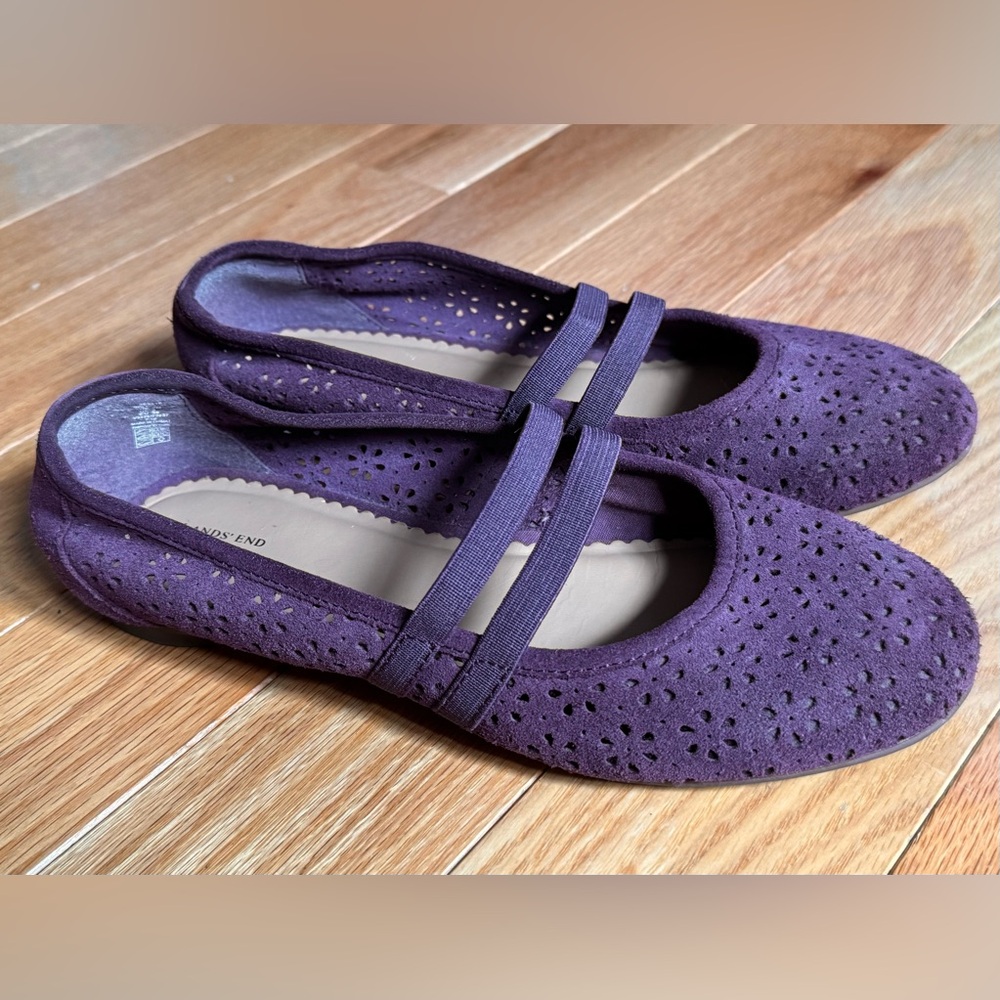 Lands’ End Women’s Purple Leather Suede Floral Ballet Flats, Size 4 US, 36 EU